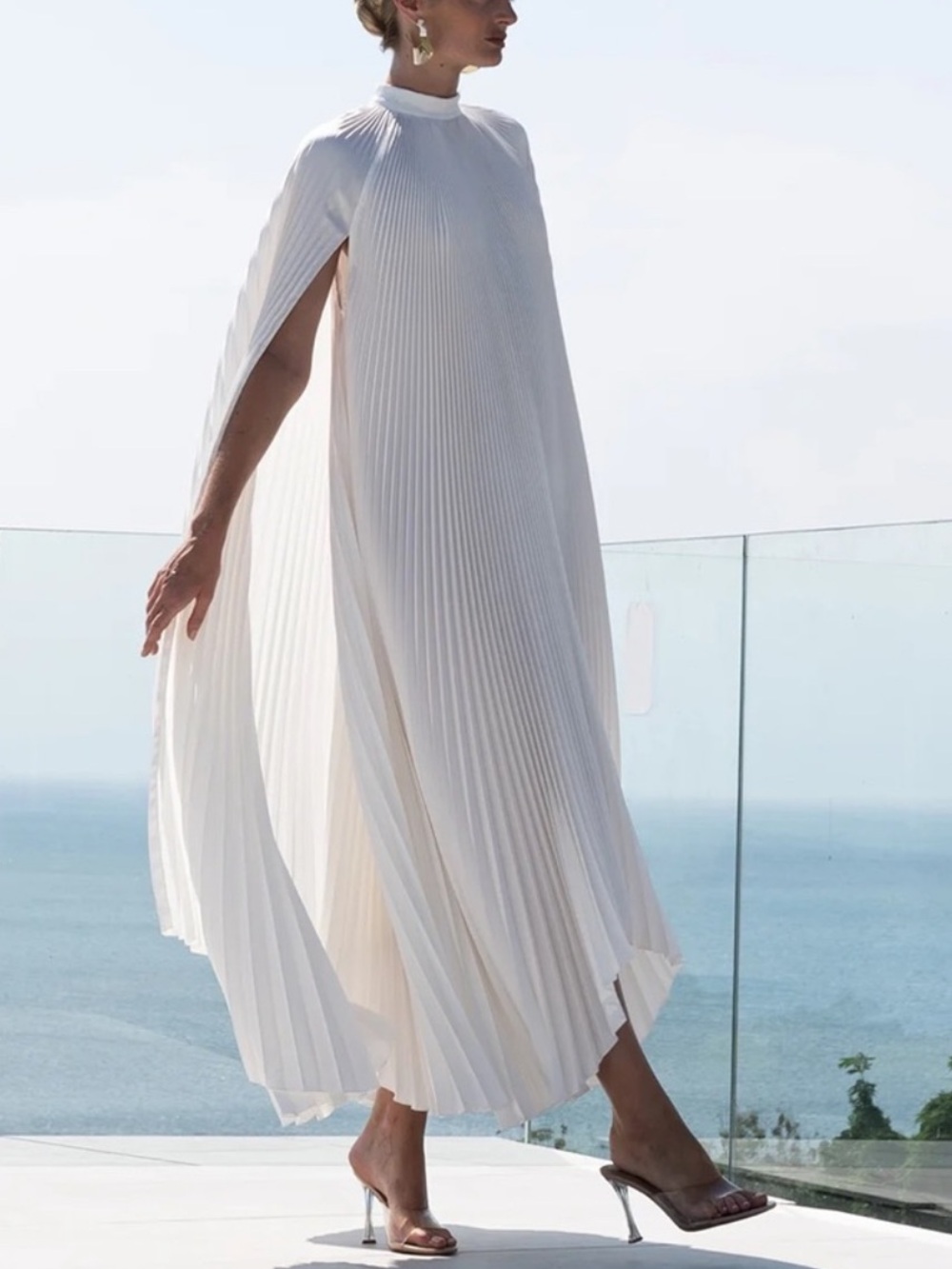 Anthropologie L’IDEE Eiffel Cape Gown Pleated Maxi Dress in Ivory White NWT